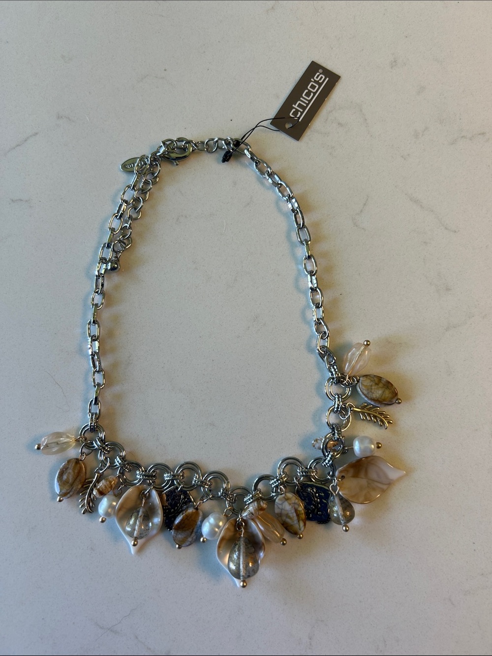 Chico's Gold-Tone Leaf & Pearl Charm Necklace in Champagne and Cream